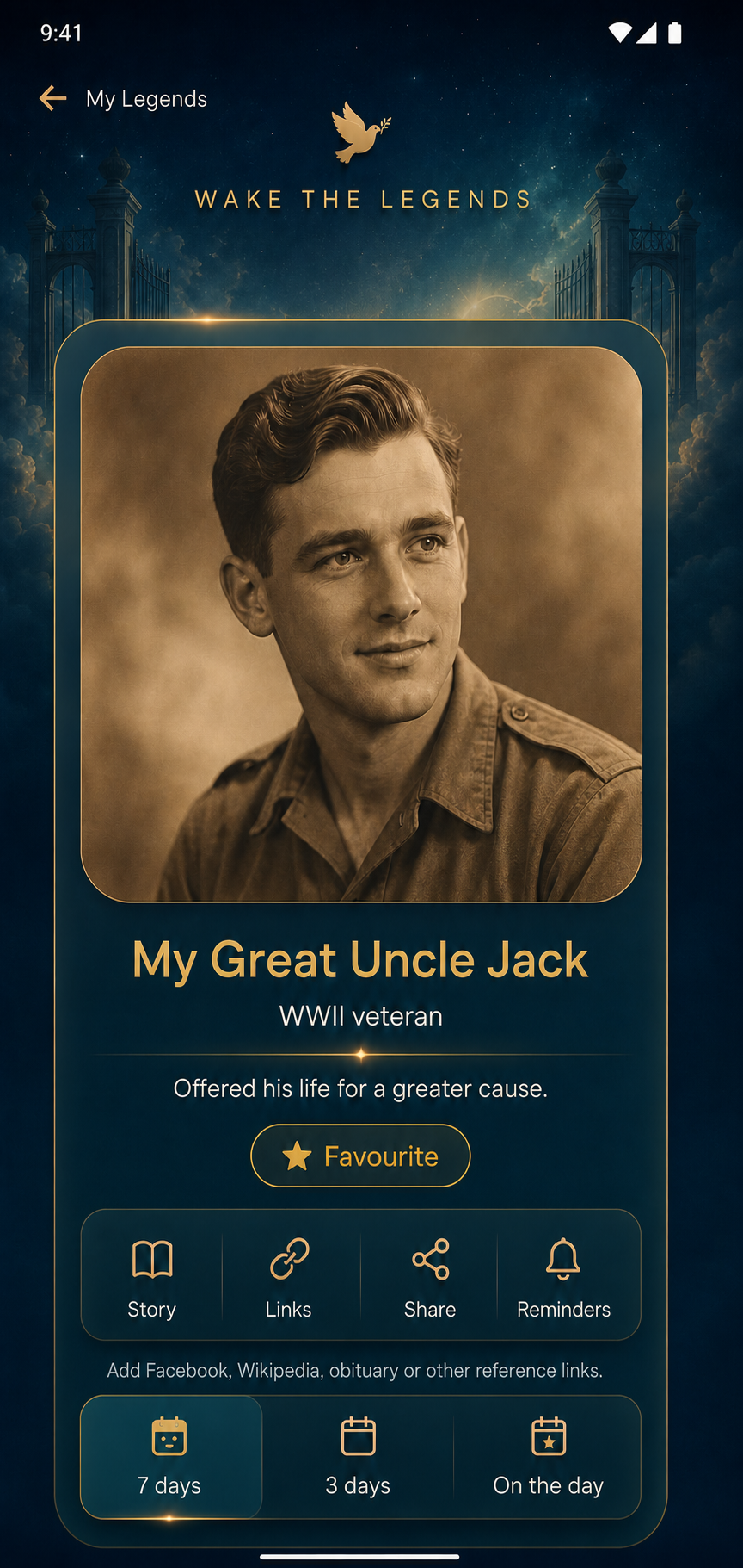 Wake The Legends My Legends screen with a personal remembrance for My Great Uncle Jack