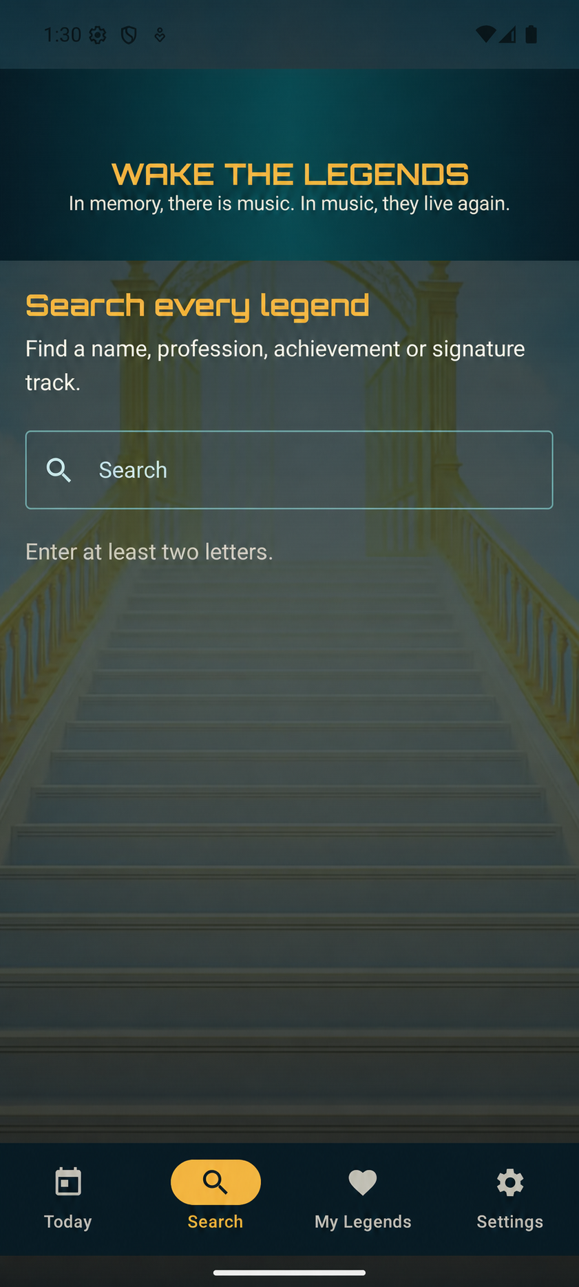 Wake The Legends catalogue search screen