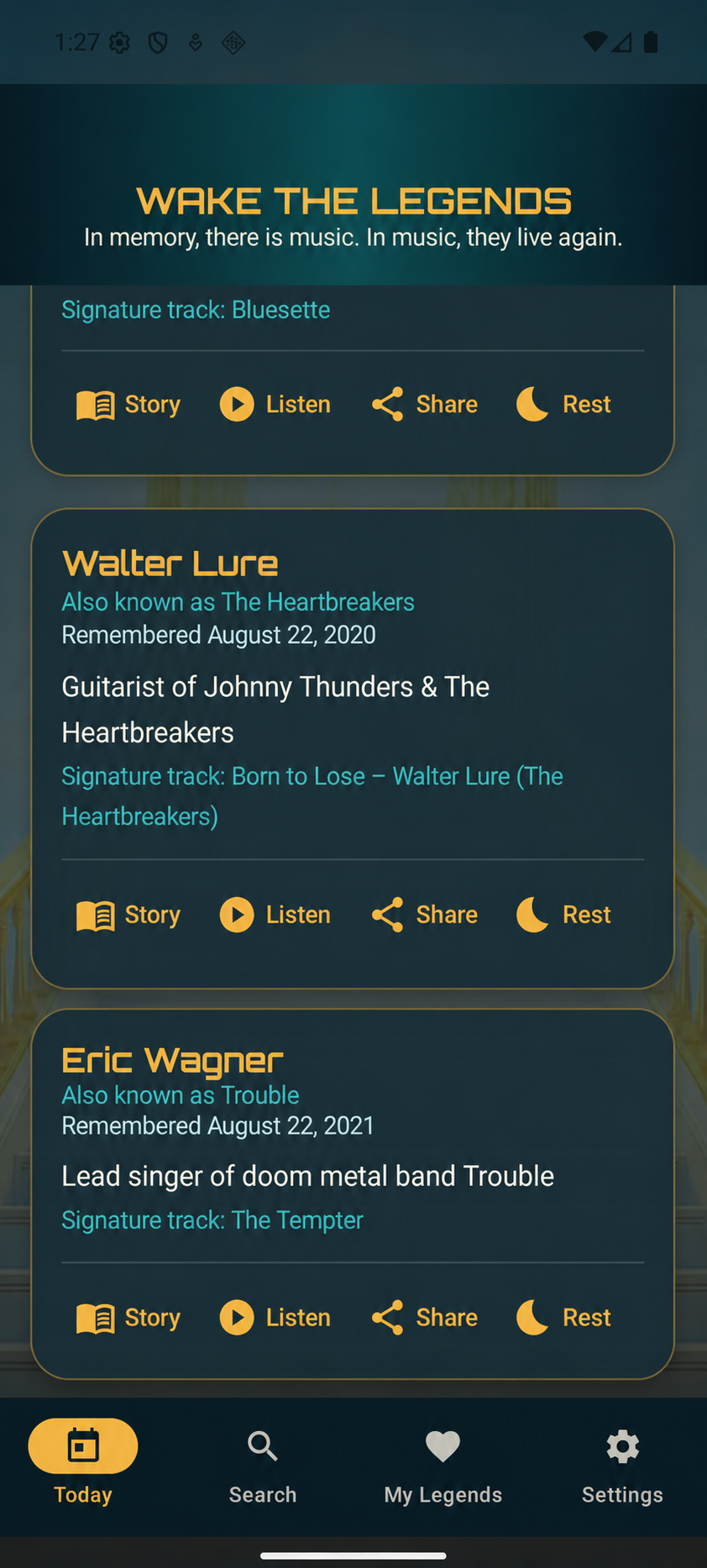 Wake The Legends Today screen showing remembrance cards